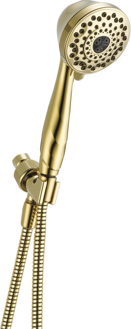 Gold-tone hand shower with multiple spray holes, handle grip, wall mount bracket, and coiled hose attachment.