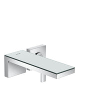 Chrome wall-mounted faucet trim with single handle, mirror glass shelf, and rectangular spout.