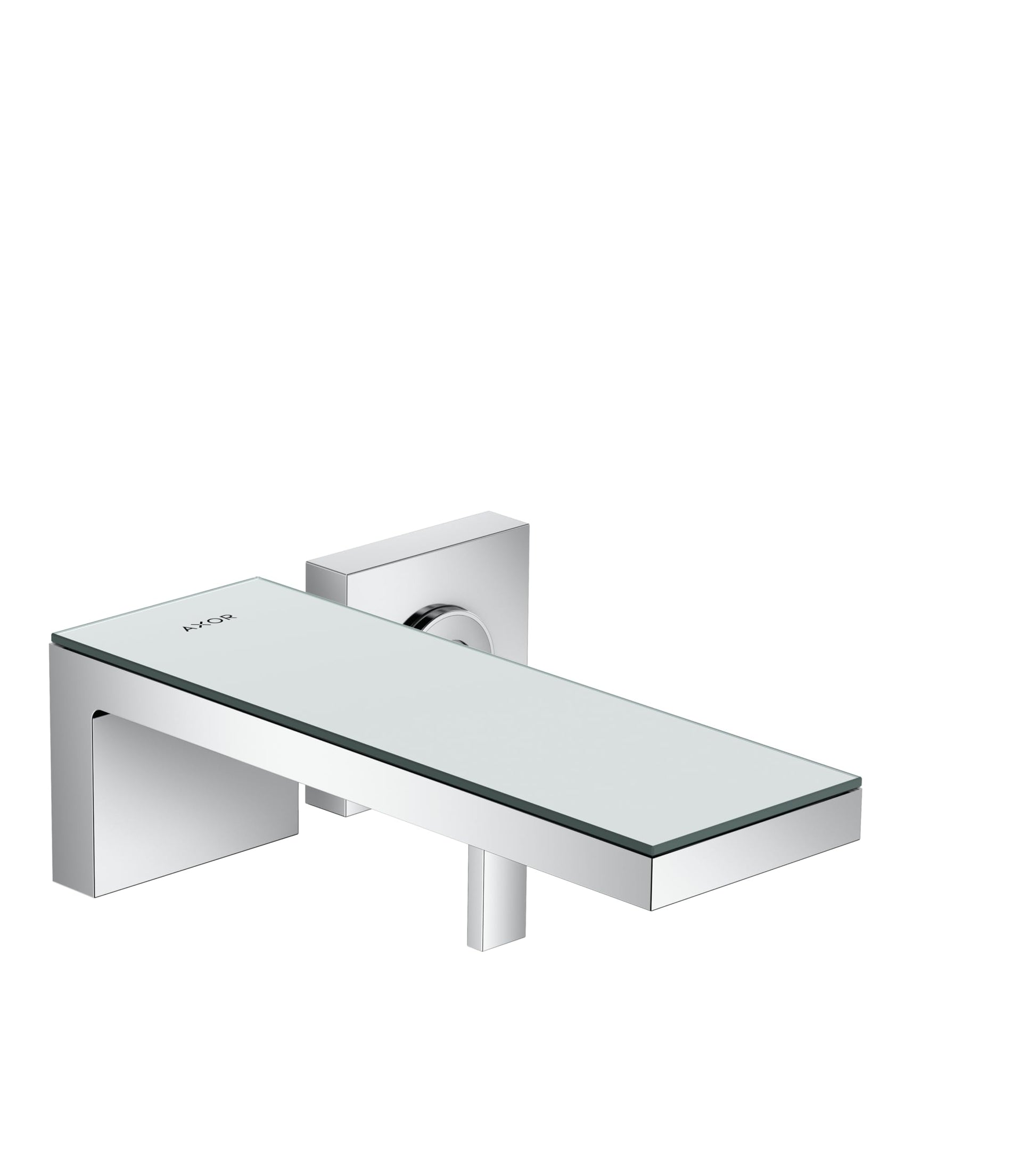 Chrome wall-mounted faucet trim with single handle, mirror glass shelf, and rectangular spout.