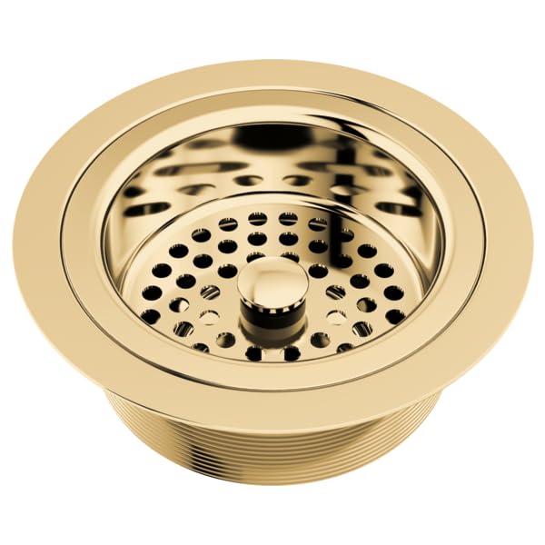 Champagne-colored sink flange with perforated strainer basket and center post, top-down view.