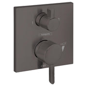 Square brushed black chrome shower valve trim with upper diverter knob and lower temperature control lever marked hot and off