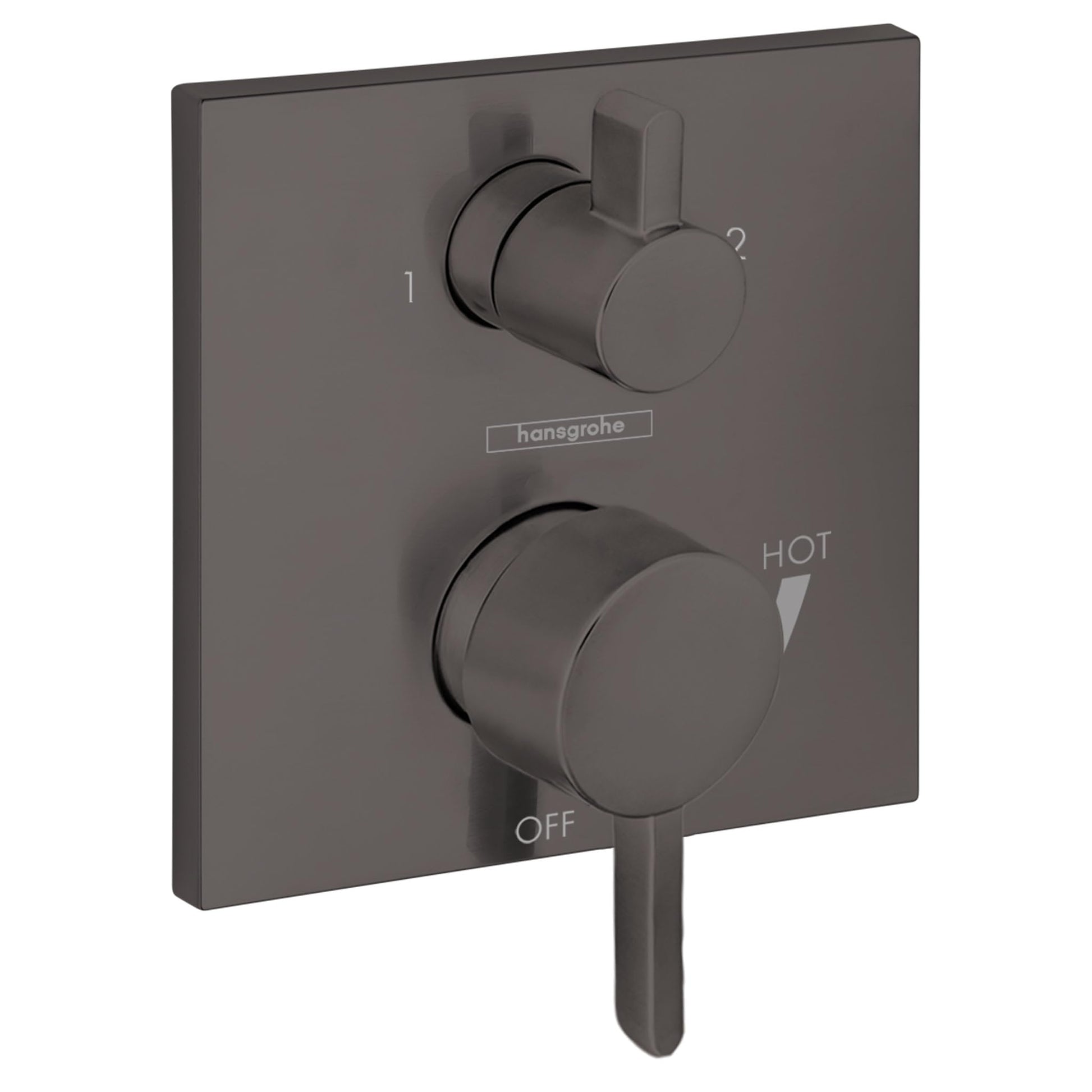 Square brushed black chrome shower valve trim with upper diverter knob and lower temperature control lever marked hot and off