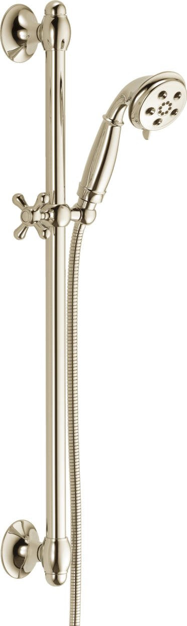 Polished nickel slide bar shower system with handheld showerhead, adjustable rail, and dual control valve.