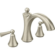 Brushed nickel tub faucet with curved spout and two cone-shaped handles with ball knobs.