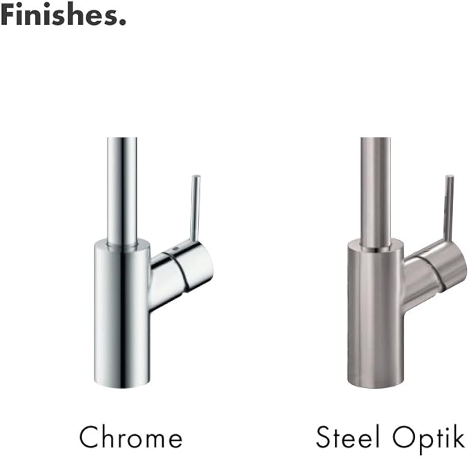 Chrome and stainless steel finish options for cylindrical kitchen faucet with side-mounted pull-down spray head.