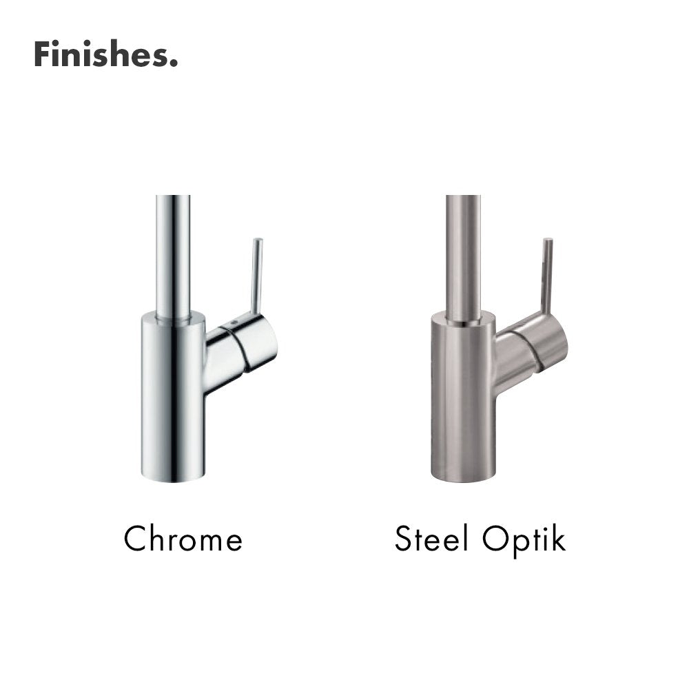 Two kitchen faucet finishes shown: polished chrome on left, brushed steel optic on right, both with high arc spouts and side 