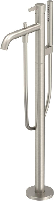 Brushed nickel freestanding tub filler with curved spout, single lever handle, and handheld shower wand.