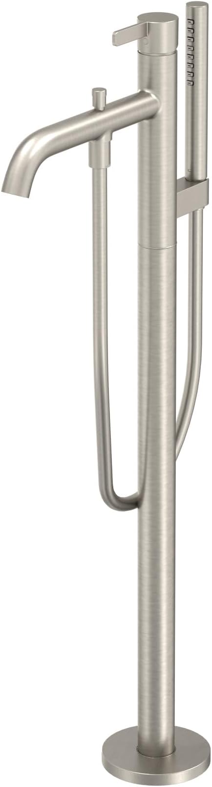 Brushed nickel freestanding tub filler with curved spout, single lever handle, and handheld shower wand.