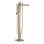 Grohe Eurocube brushed nickel freestanding tub faucet with single lever handle and attached hand shower hose.
