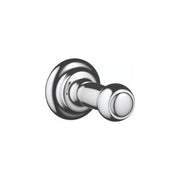 Chrome bathroom hook with circular backplate and cylindrical hook extending from center.