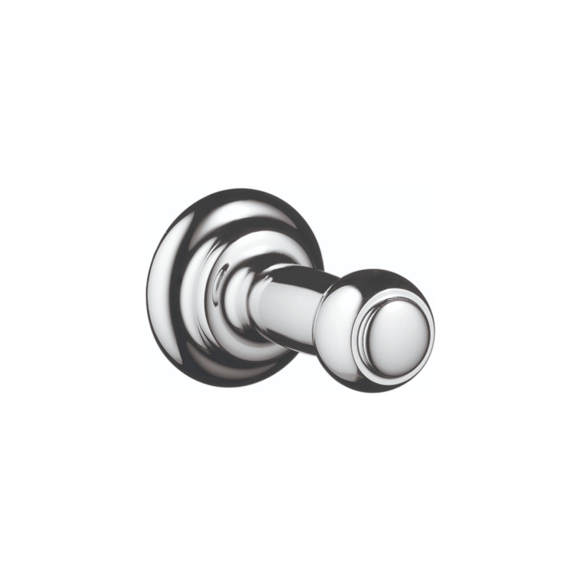 Chrome bathroom hook with circular backplate and cylindrical hook extending from center.