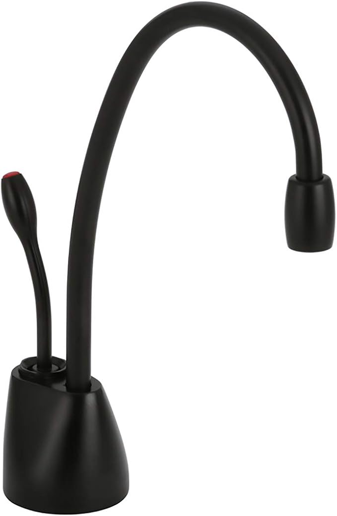 Matte black instant hot water dispenser faucet with curved spout and rounded base.