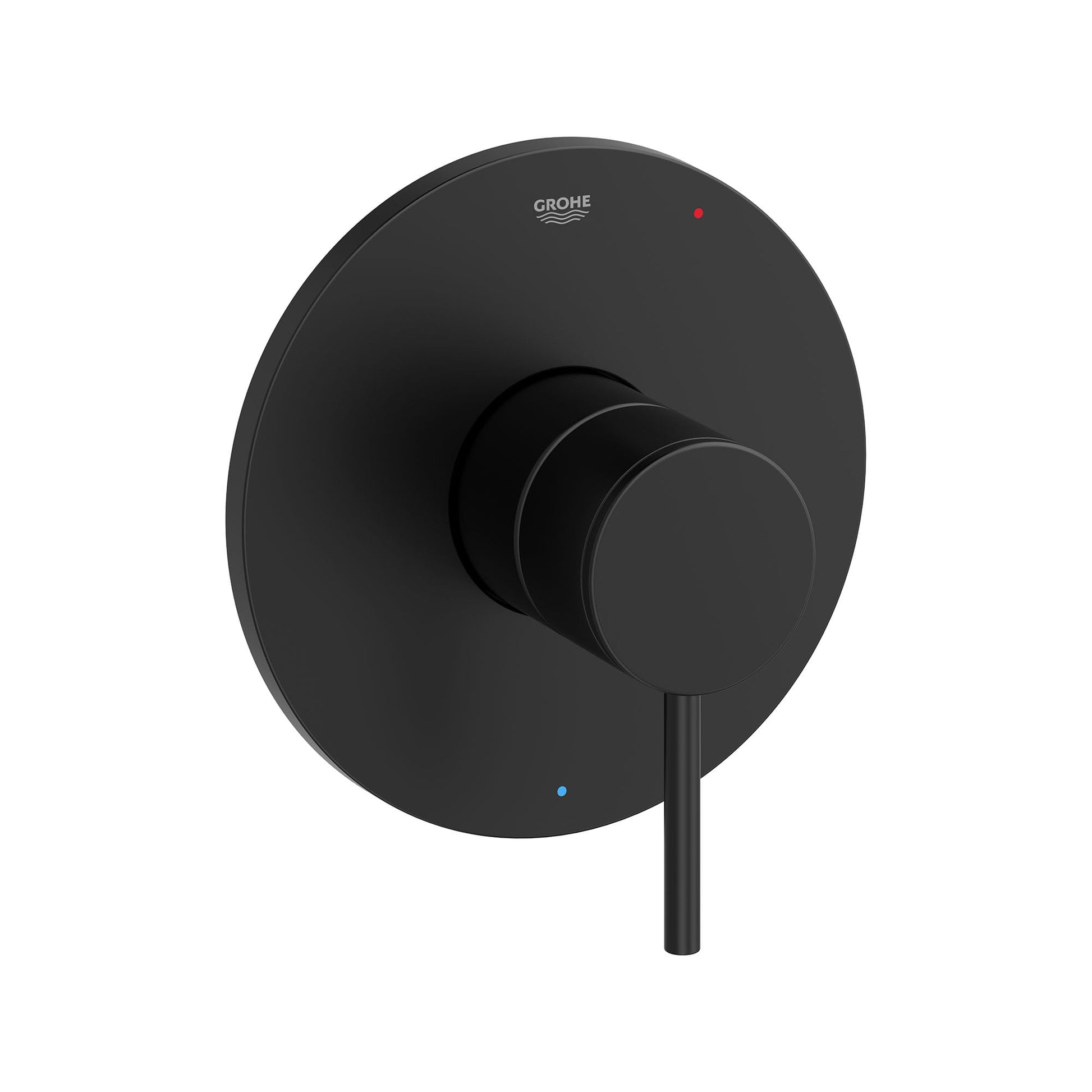 Matte black circular valve trim with recessed handle and red and blue indicator dots.