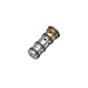 Chrome and brass wall-mounted tub spout cartridge with internal valve components visible.