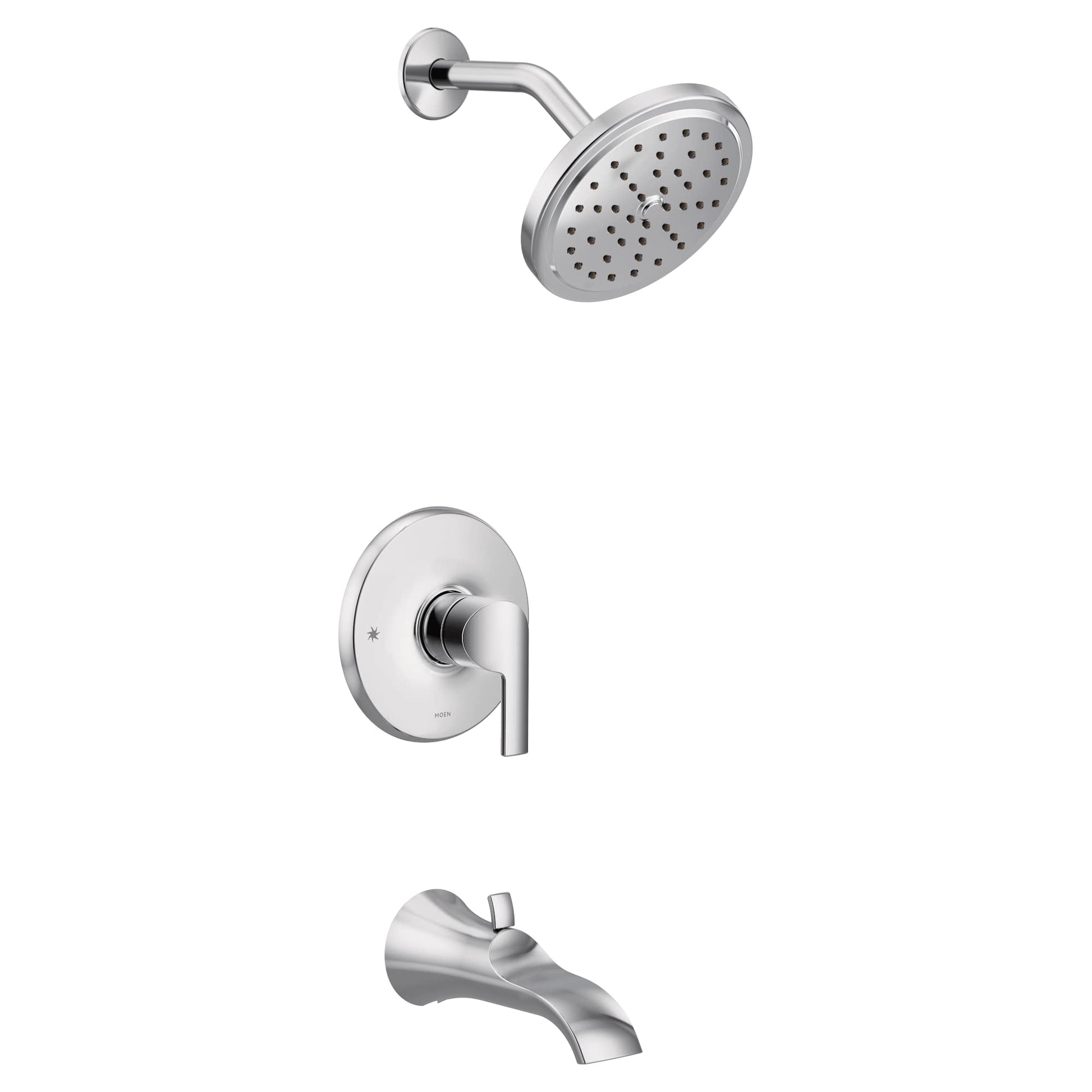 Chrome tub and shower trim kit with single handle, round showerhead, wall-mounted spout, and control valve.