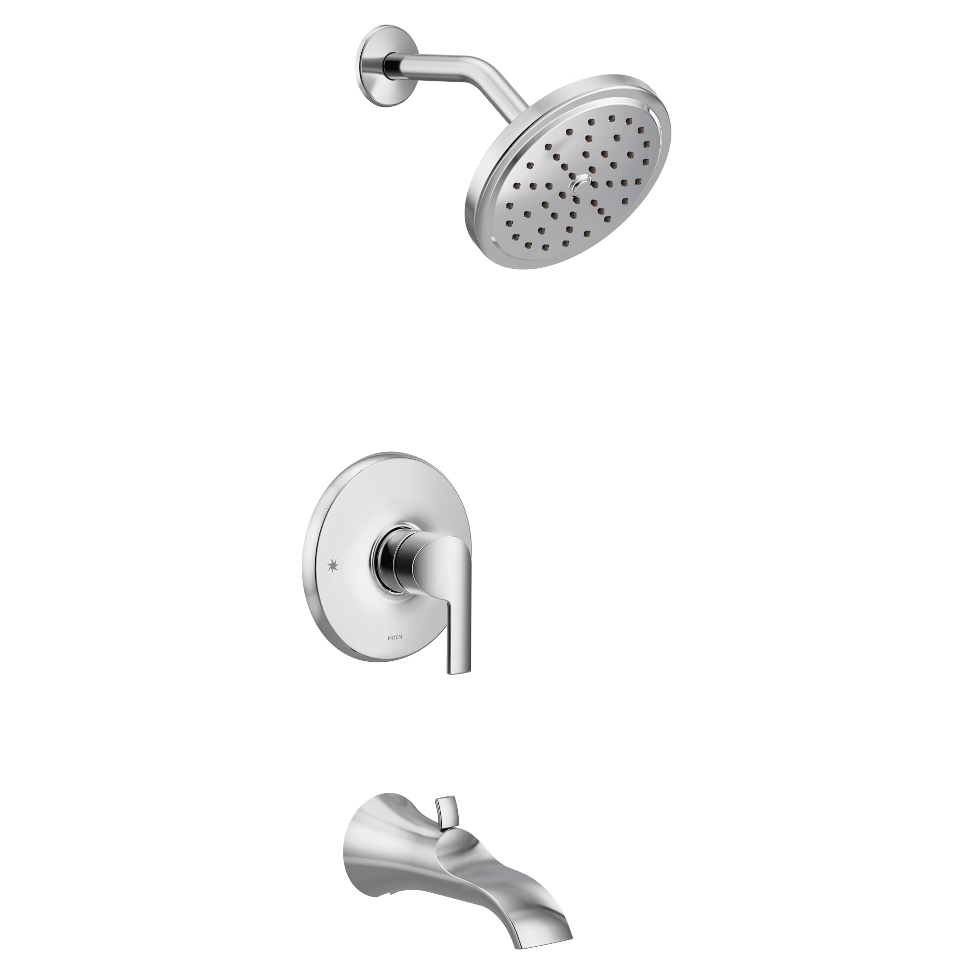 Chrome tub and shower trim kit with single handle, round showerhead, wall-mounted spout, and control valve.