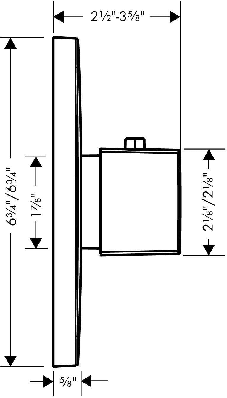 Chrome thermostatic trim with rectangular escutcheon and control handle, dimension schematic view.