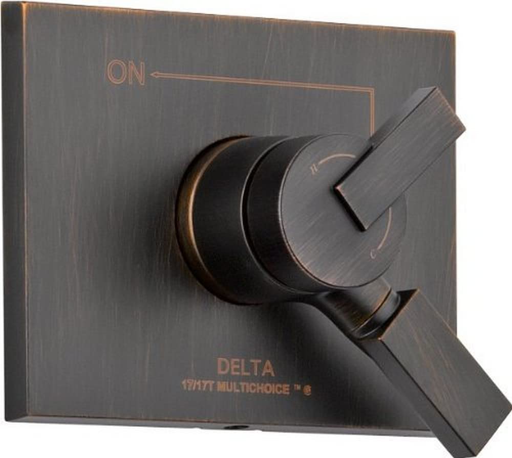 Bronze Delta Vero Monitor valve trim with rectangular escutcheon plate and single angular handle lever.