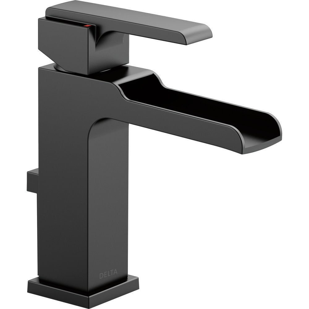 Matte black single-handle bathroom faucet with rectangular spout and pop-up drain assembly.
