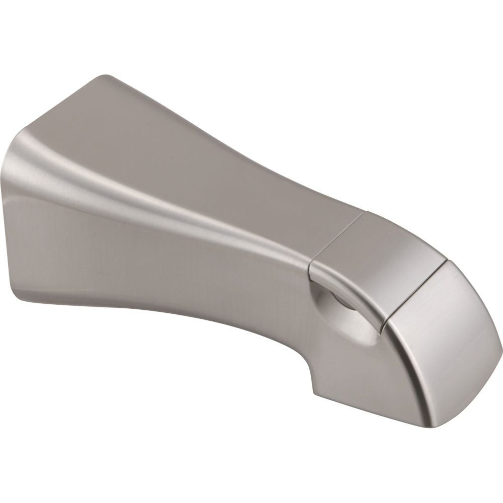 Stainless steel tub spout with curved body and pull-up diverter lever on right side.