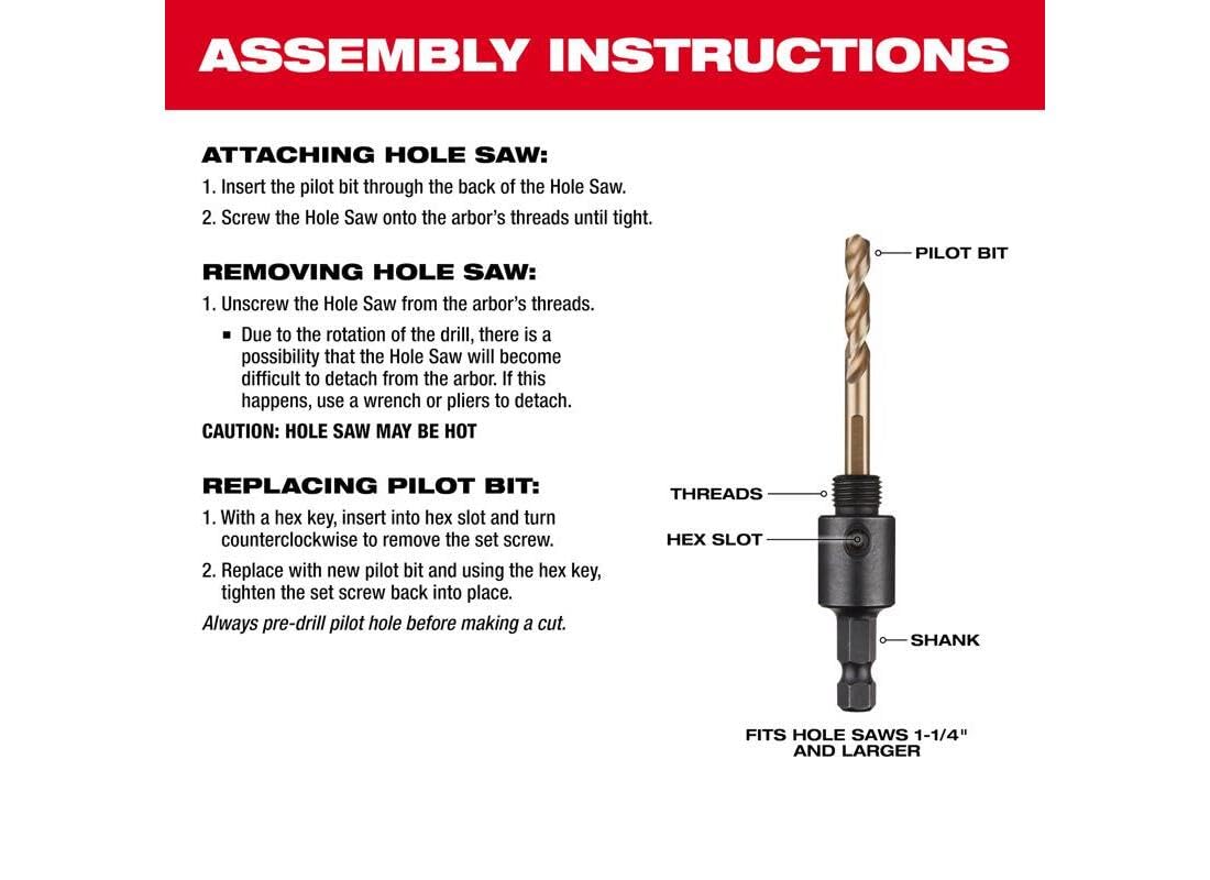 Arbor assembly with pilot bit, threads, hex slot, and shank for attaching hole saw to drill.