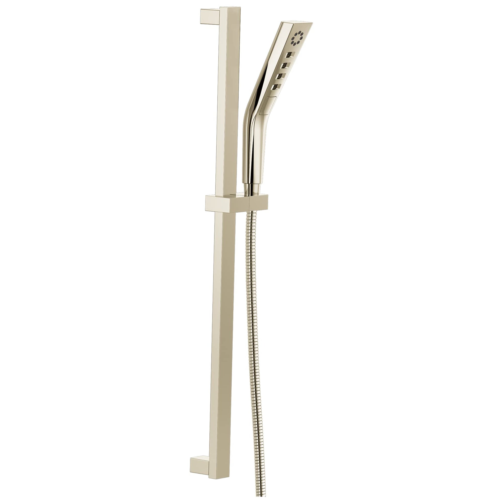 Square brushed nickel slide bar hand shower with curved head and flexible hose connection.