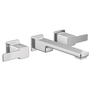 Chrome wall-mounted bathroom faucet trim with two lever handles and a horizontal spout.