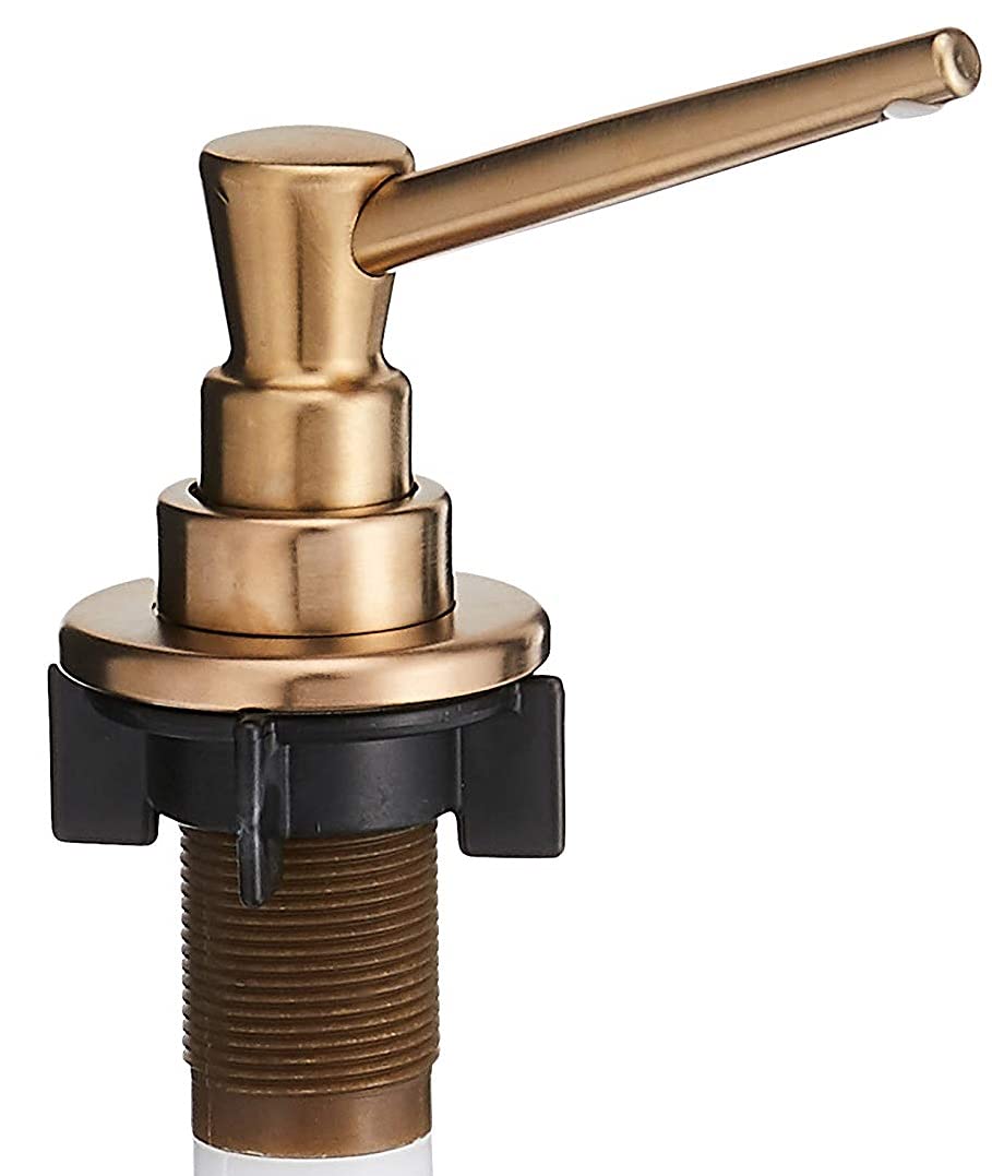 Champagne bronze soap dispenser pump with cylindrical body and angled spout for countertop mounting.