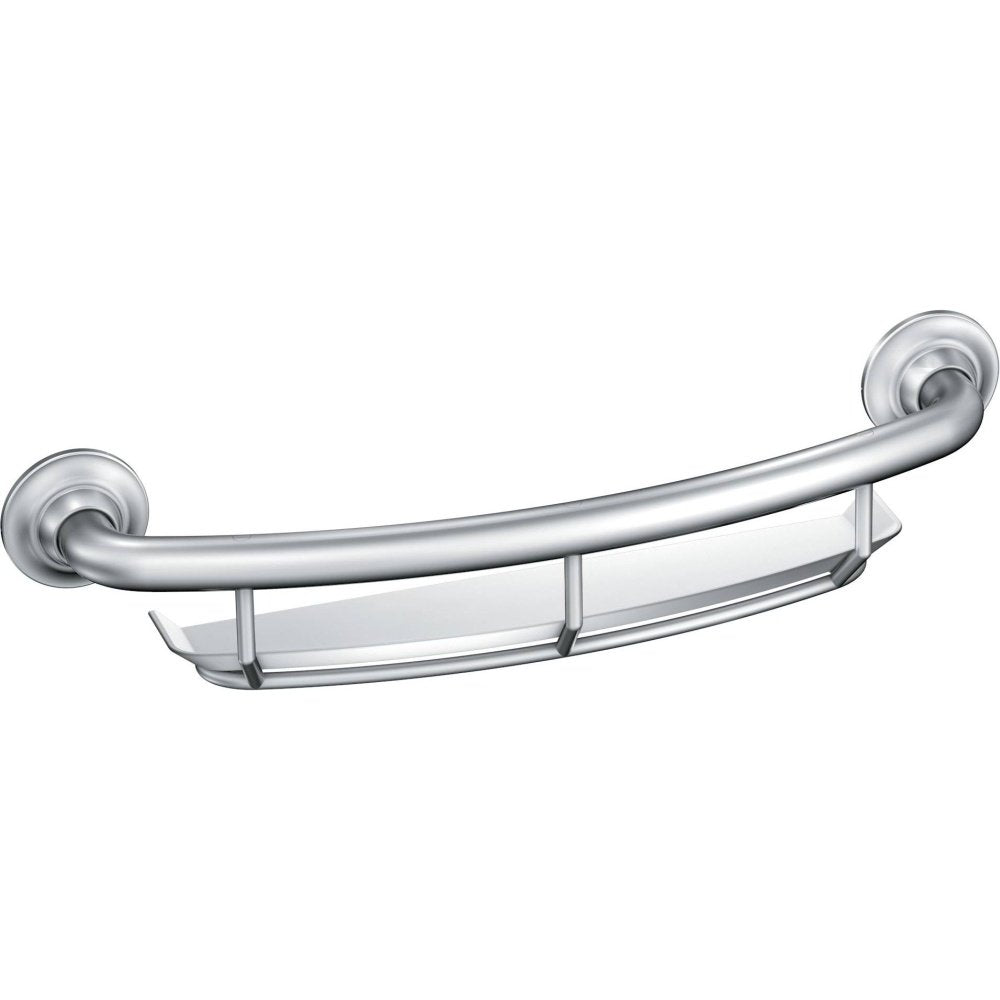 Chrome grab bar with curved handle and integrated clear glass shelf mounted on wall with two circular flanges.