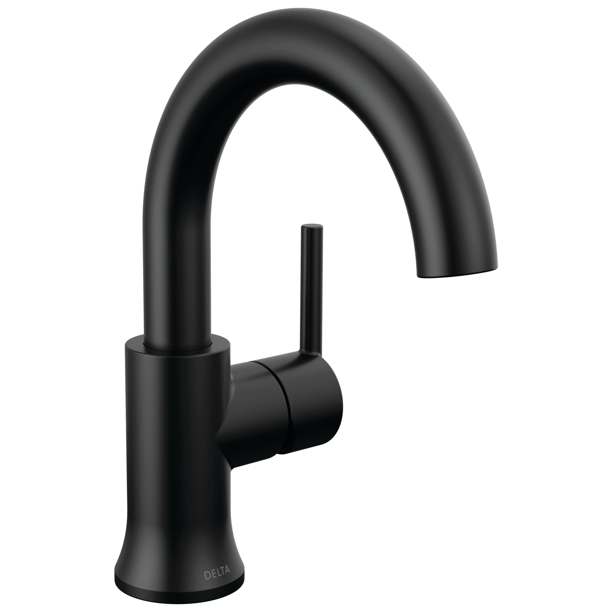 Black single-handle bathroom faucet with high arc spout and lever handle control.