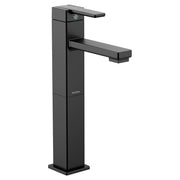 Matte black single-handle vessel sink faucet with angular spout and tall rectangular body design.