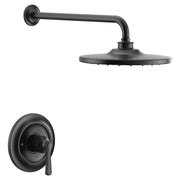 Matte black shower trim kit with single handle valve, round showerhead, and curved arm mount.