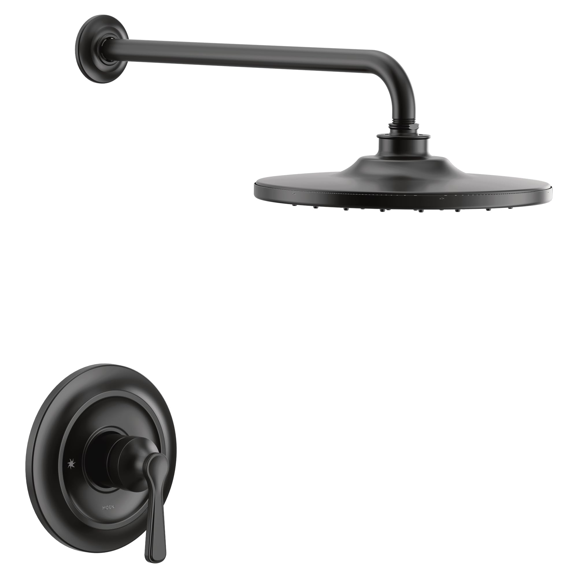 Matte black shower trim kit with single handle valve, round showerhead, and curved arm mount.