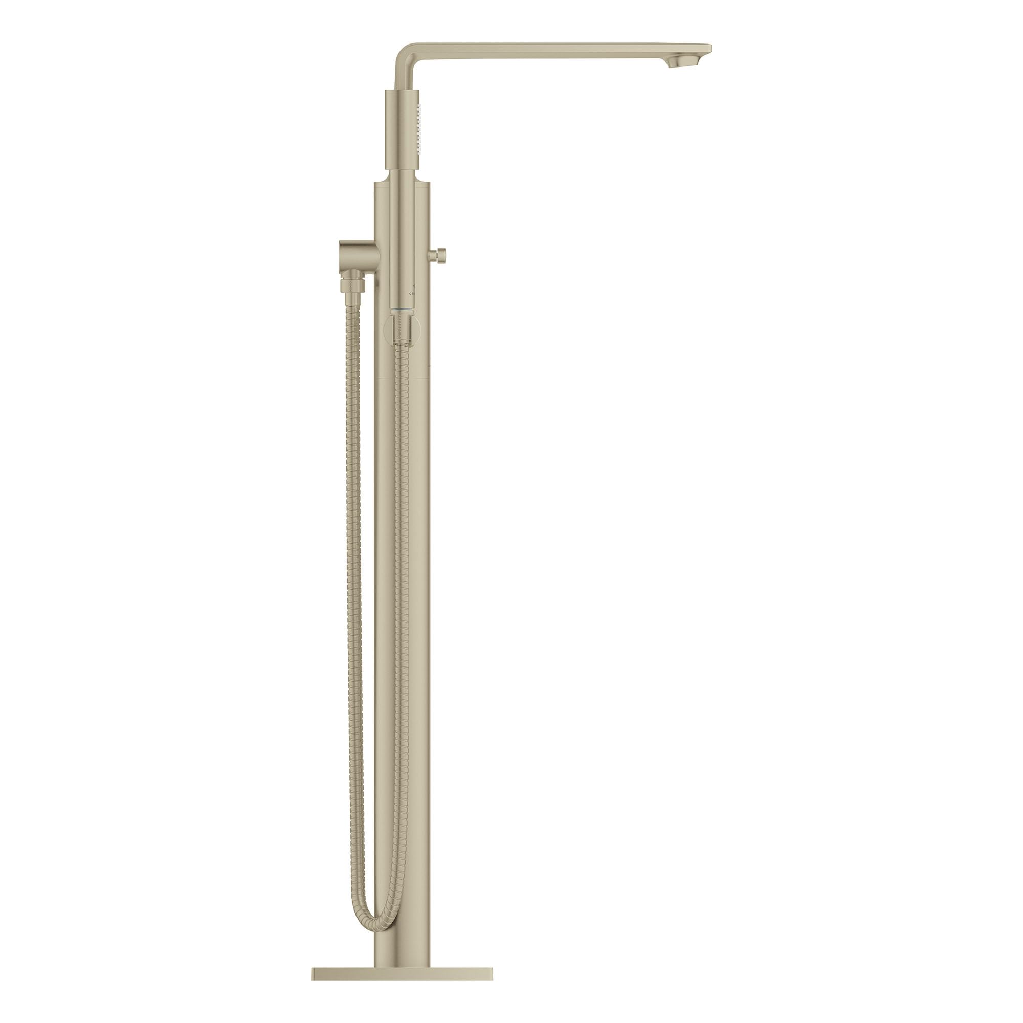 Brushed nickel freestanding tub faucet with single handle, curved spout, and attached hand shower on coiled hose.