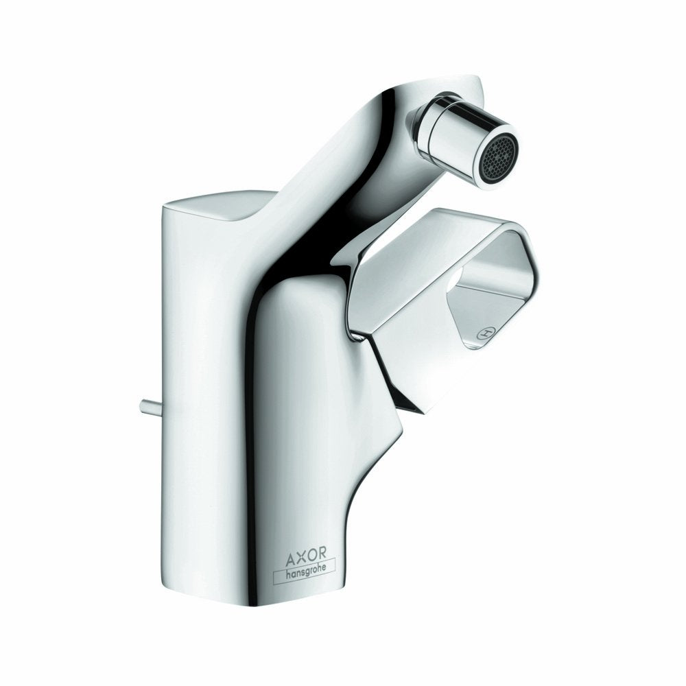 Chrome bidet faucet with curved spout, adjustable spray head, and single-hole mounting design.