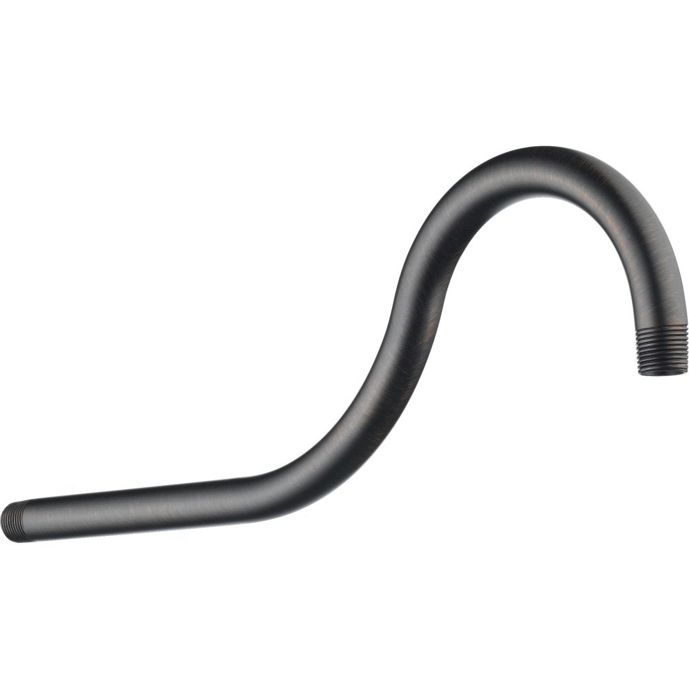 Curved shower arm in dark bronze finish with threaded connections at both ends.