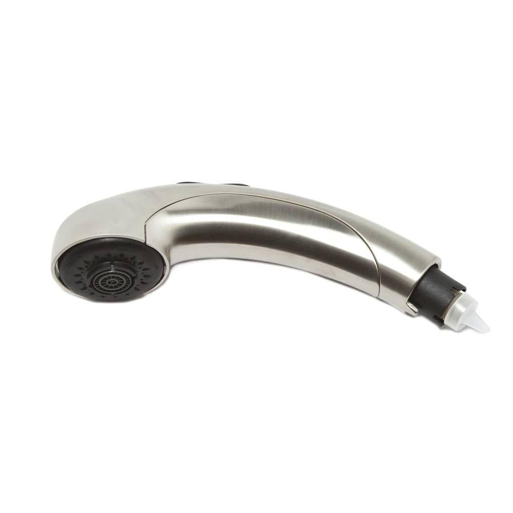 Stainless steel pull-down faucet spray wand with black spray head and grip handle.