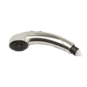 Stainless steel pull-down faucet spray wand with black spray head and grip handle.
