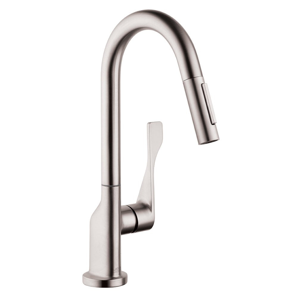 Steel optic kitchen faucet with curved spout, single lever handle, and pull-down spray head.