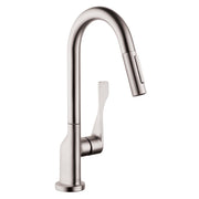 Steel optic kitchen faucet with curved spout, single lever handle, and pull-down spray head.