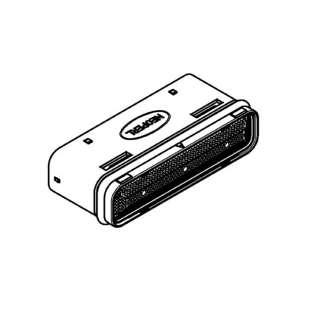 Chrome flow control cartridge with textured mesh section and mounting holes on white top surface.