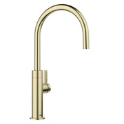 Satin gold beverage faucet with high arched spout and single lever handle on cylindrical base.