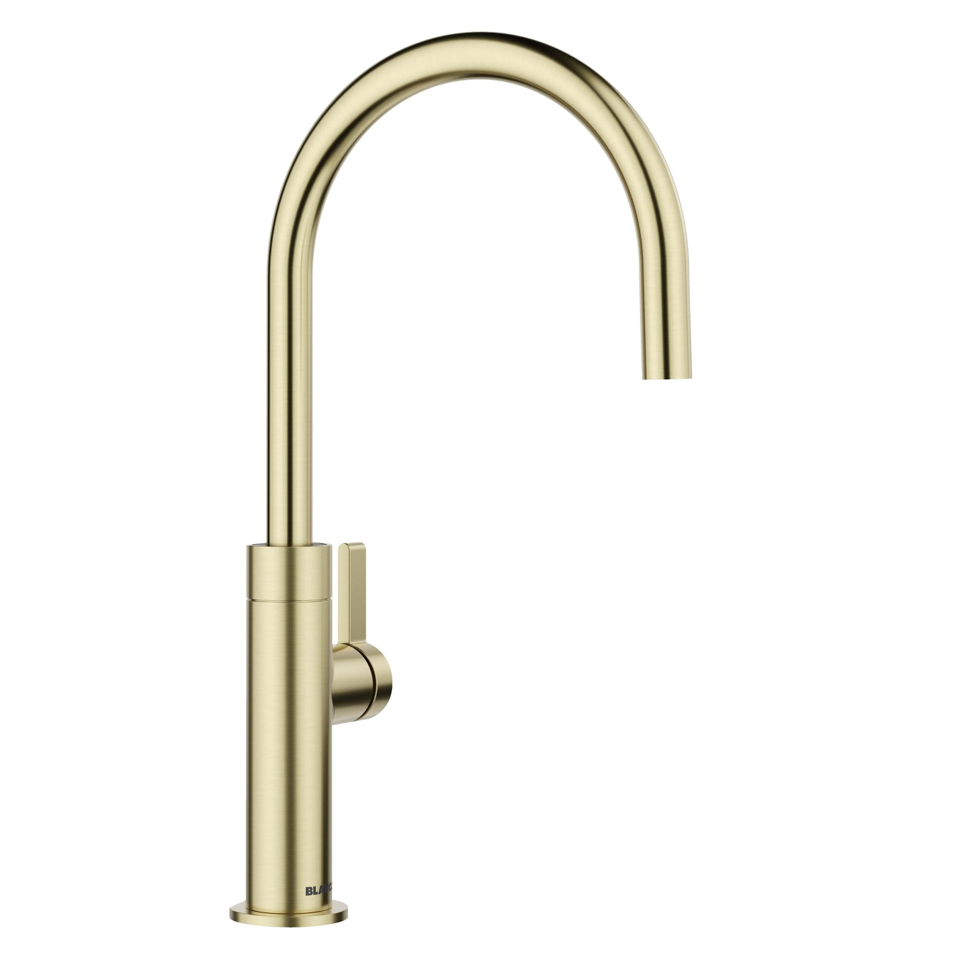 Satin gold beverage faucet with high arched spout and single lever handle on cylindrical base.