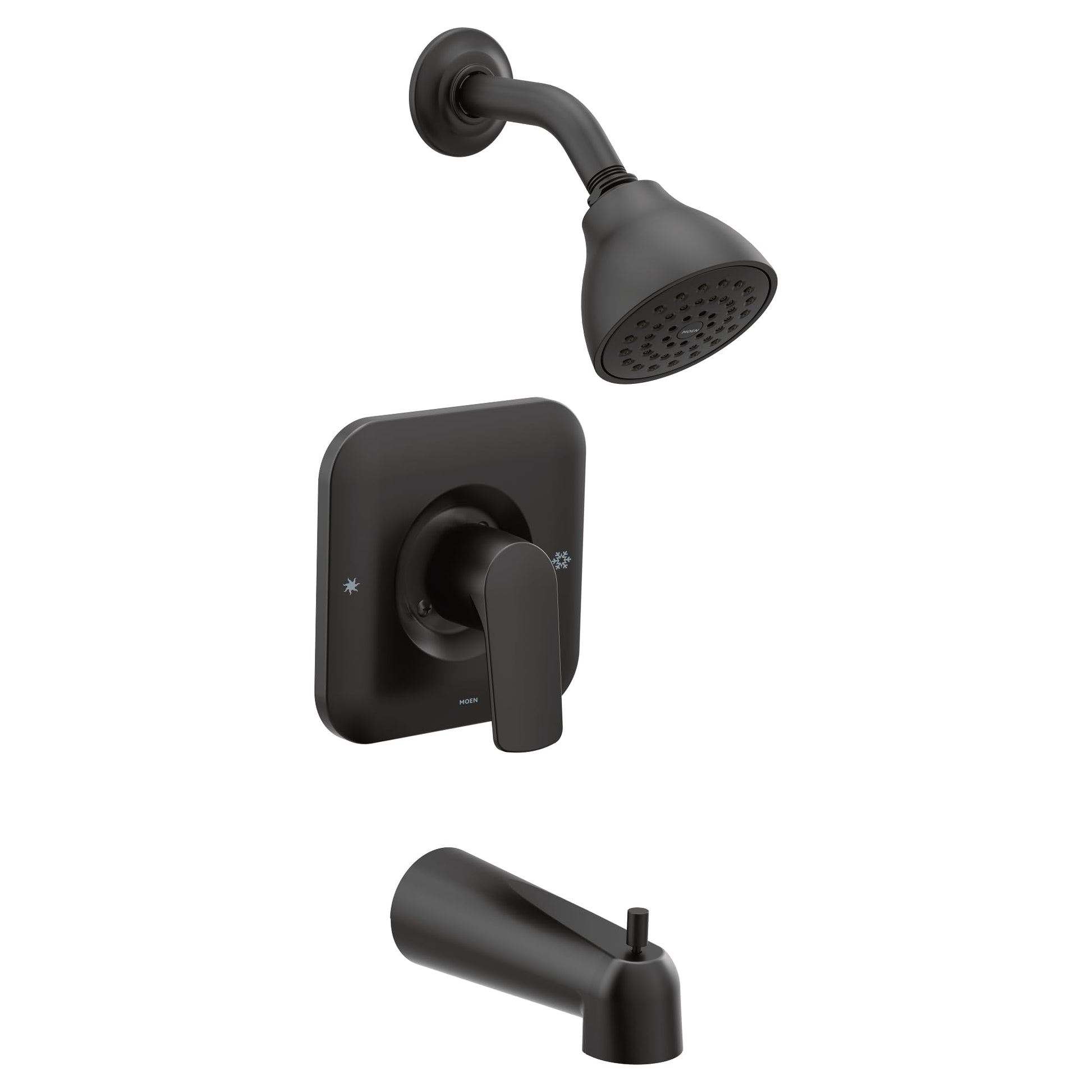 Matte black tub and shower trim with showerhead, control valve, and tub spout.