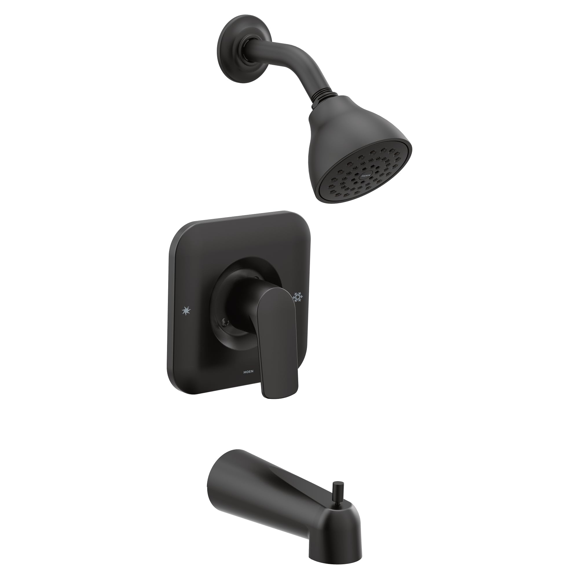Matte black tub and shower trim with showerhead, control valve, and tub spout.