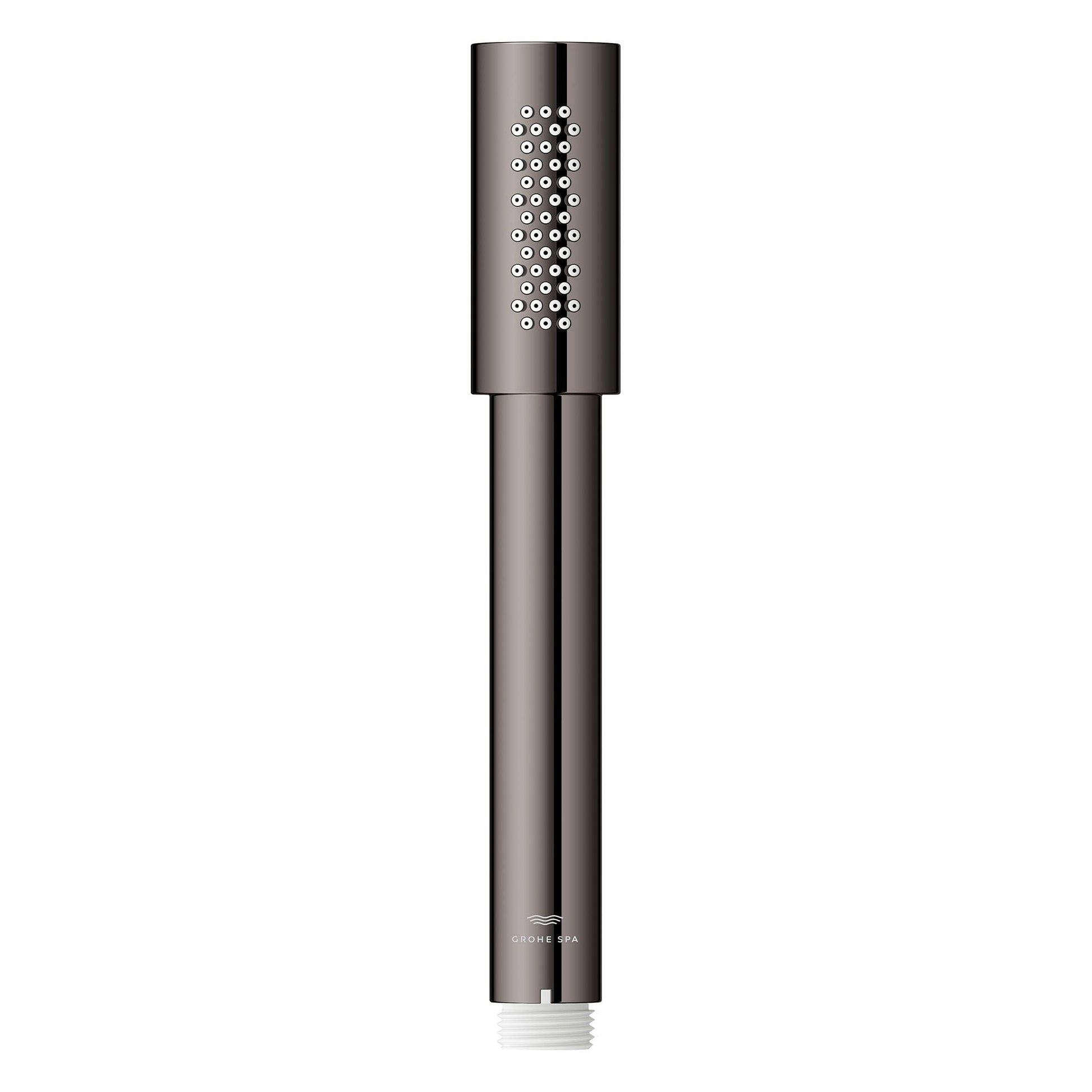 Dark gray cylindrical hand shower with perforated spray head and connection threads at bottom.