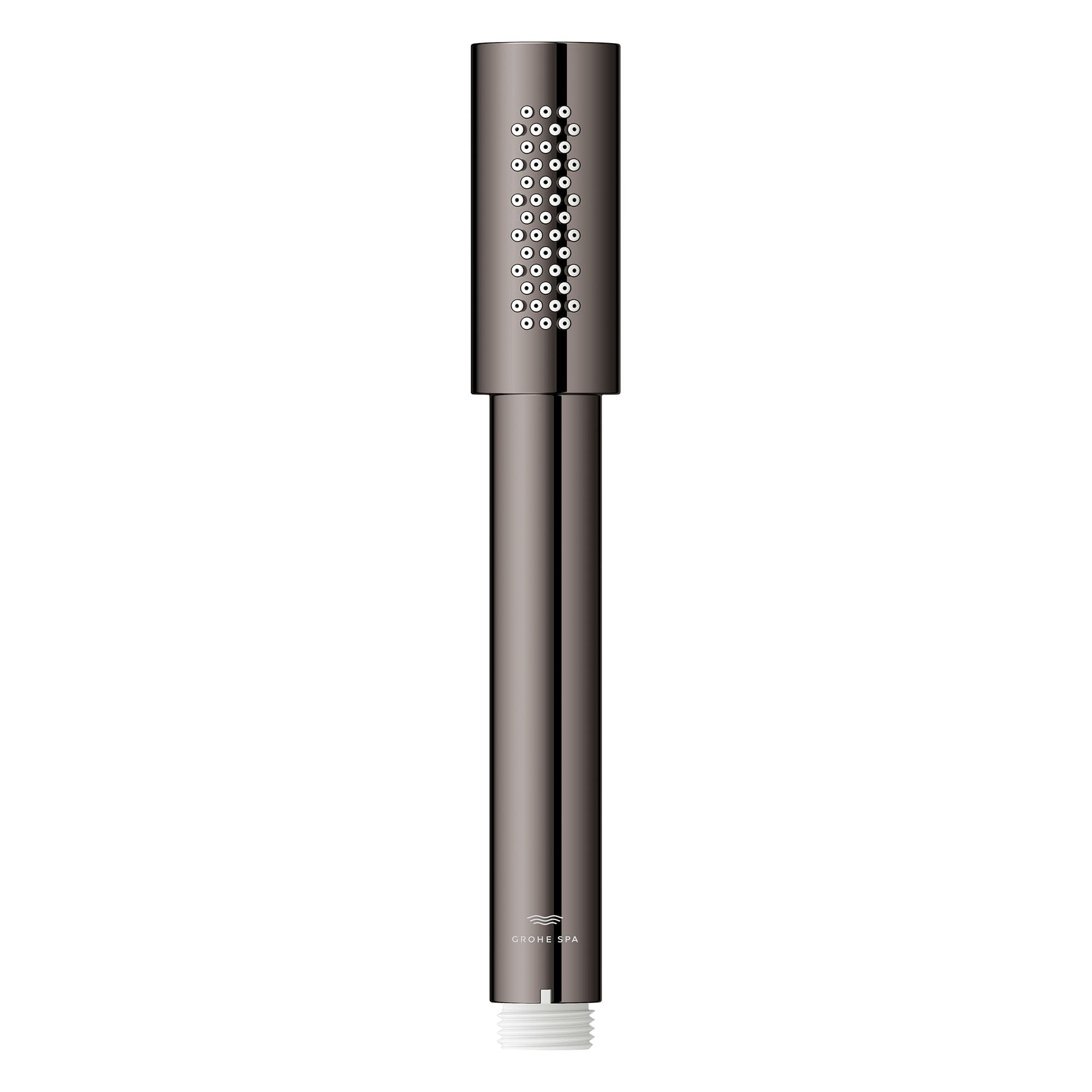 Dark gray cylindrical hand shower with perforated spray head and connection threads at bottom.
