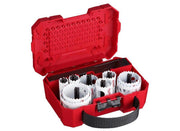 Red Milwaukee case open displaying 13 hole saws of varying sizes with white guides and black centers.
