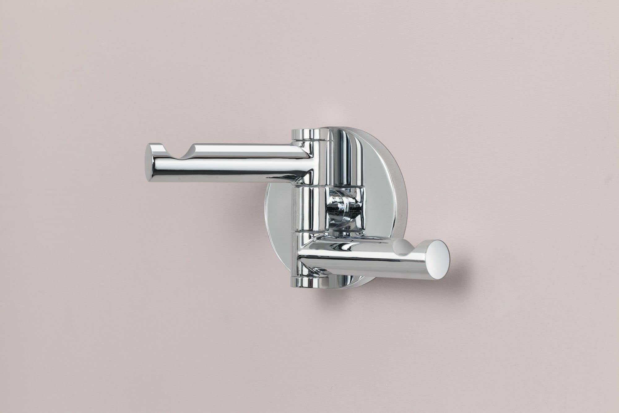 Chrome double swivel robe hook with two horizontal arms extending from a circular wall-mounted base.