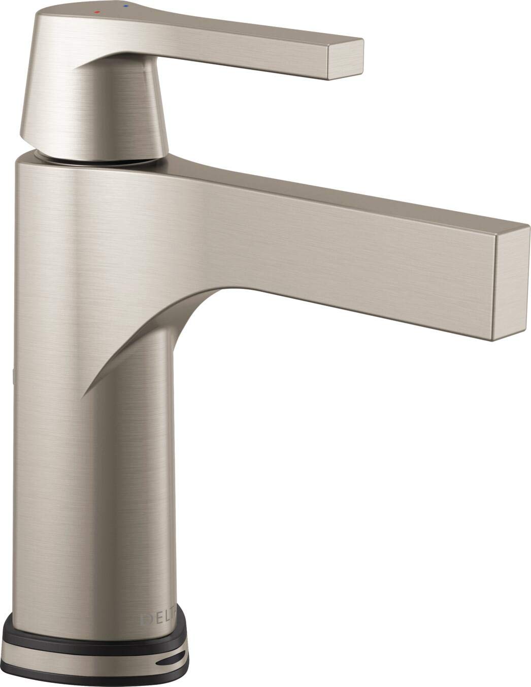 Brushed nickel bathroom faucet with single lever handle and rectangular spout extending from cylindrical base.